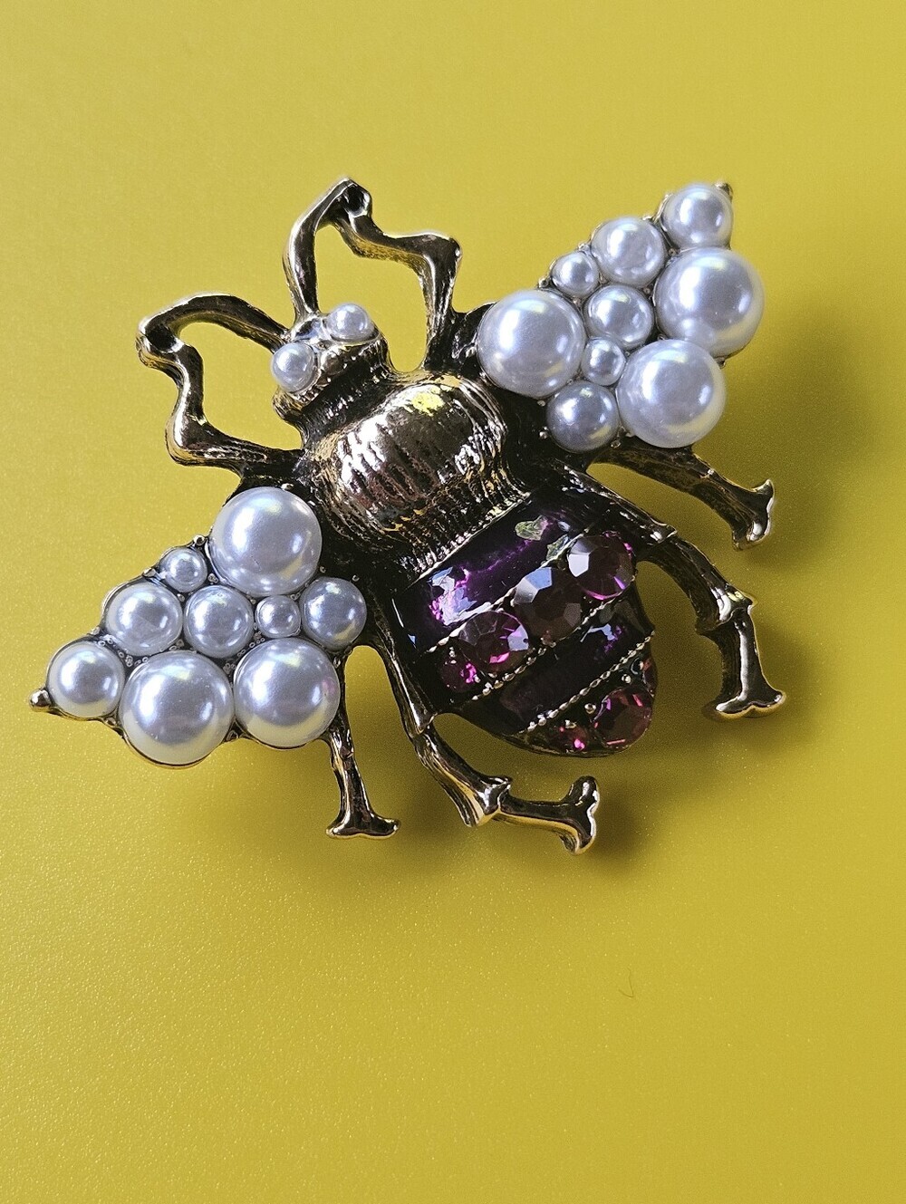NEW Bee Brooch Pin with Pearl Wings Purple Crystal Body On Antique Gold